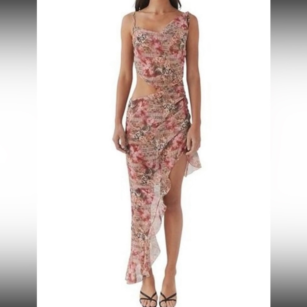 Peppermayo Pink Floral Asymmetric Cutout Dress